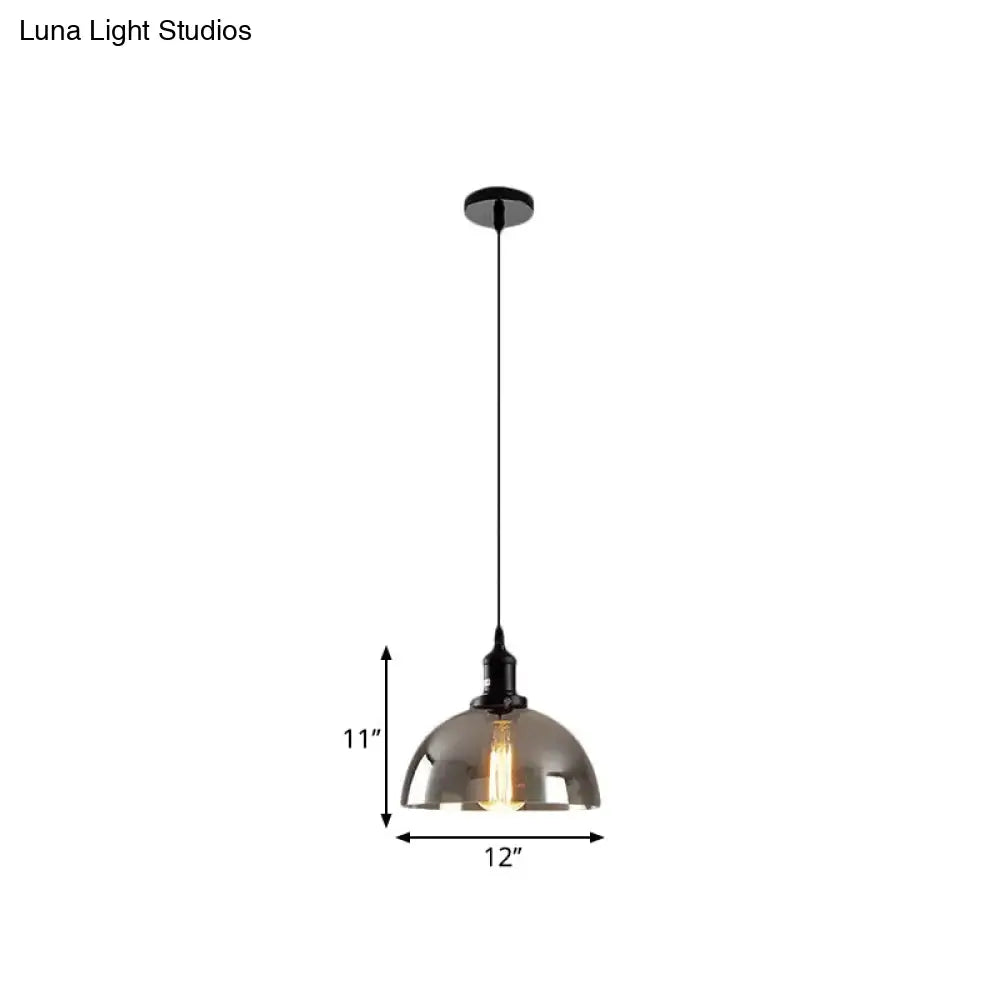 Dome Pendant Industrial Hanging Lamp - 1-Light, 10"/12" Wide, Smoked Glass, Black Finish