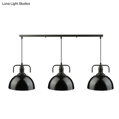 Dome Pendant Light - Loft Style Black Metal Ceiling Fixture with Linear/Round Canopy and Handle - 3 Lights