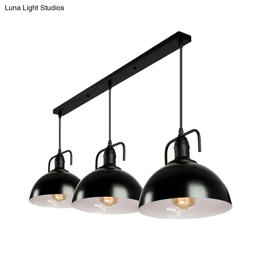 Dome Pendant Light - Loft Style Black Metal Ceiling Fixture with Linear/Round Canopy and Handle - 3 Lights