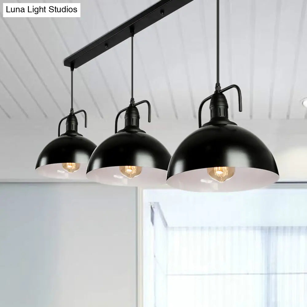 Dome Pendant Light - Loft Style Black Metal Ceiling Fixture with Linear/Round Canopy and Handle - 3 Lights