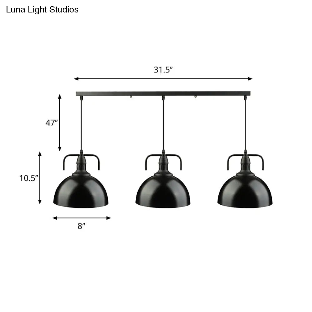 Dome Pendant Light - Loft Style Black Metal Ceiling Fixture with Linear/Round Canopy and Handle - 3 Lights