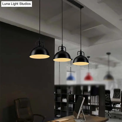 Dome Pendant Light - Loft Style Black Metal Ceiling Fixture with Linear/Round Canopy and Handle - 3 Lights