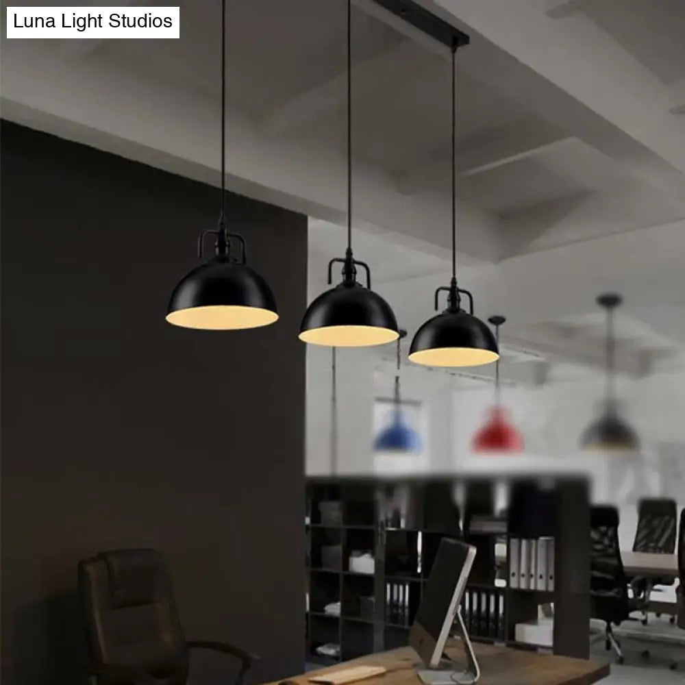 Dome Pendant Light - Loft Style Black Metal Ceiling Fixture with Linear/Round Canopy and Handle - 3 Lights