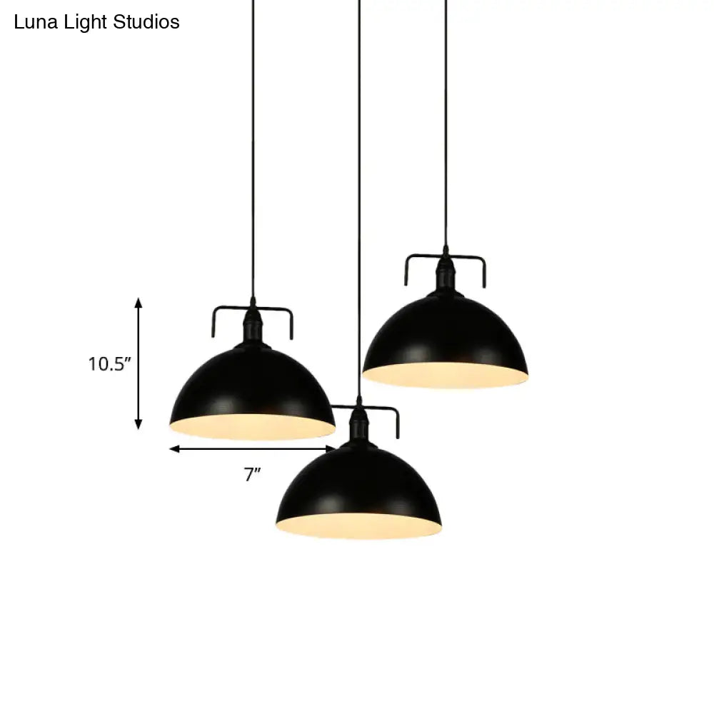 Dome Pendant Light - Loft Style Black Metal Ceiling Fixture with Linear/Round Canopy and Handle - 3 Lights