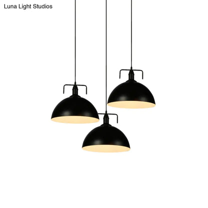 Dome Pendant Light - Loft Style Black Metal Ceiling Fixture with Linear/Round Canopy and Handle - 3 Lights