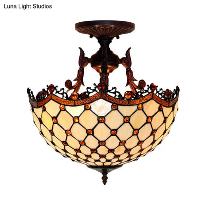 DecorBites™ DecorBites™ Dome Semi-Mount Tiffany Beige/Light Blue Glass Ceiling Light Fixture - Bronze, 3-Light - Living Room