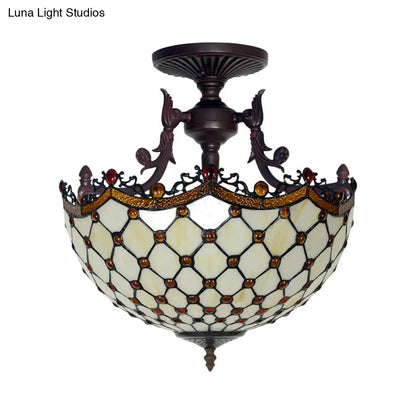 DecorBites™ DecorBites™ Dome Semi-Mount Tiffany Beige/Light Blue Glass Ceiling Light Fixture - Bronze, 3-Light - Living Room