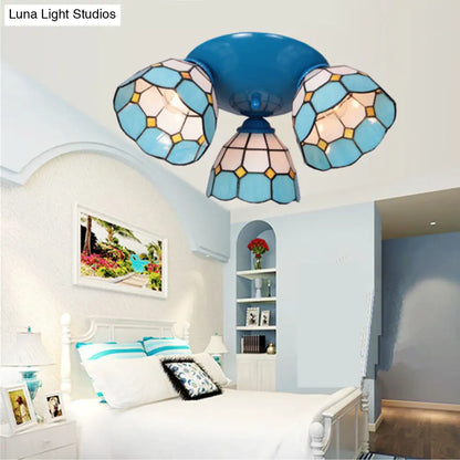DecorBites™ DecorBites™ Dome-Shaped Stained Glass Ceiling Light with 3 Lights - Tiffany Style (Blue/Black Finish)