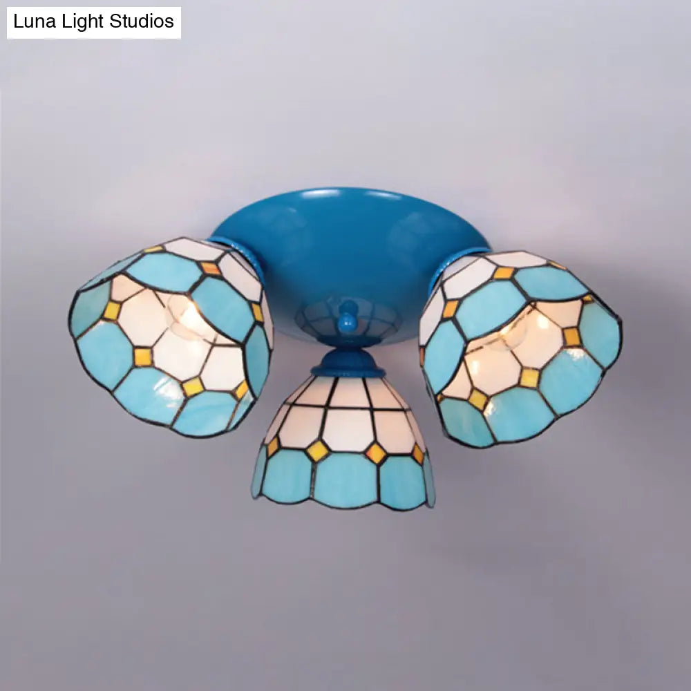 DecorBites™ DecorBites™ Dome-Shaped Stained Glass Ceiling Light with 3 Lights - Tiffany Style (Blue/Black Finish)