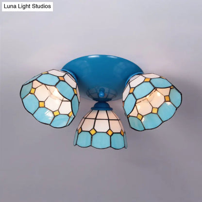 DecorBites™ DecorBites™ Dome-Shaped Stained Glass Ceiling Light with 3 Lights - Tiffany Style (Blue/Black Finish)