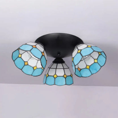 DecorBites™ DecorBites™ Dome-Shaped Stained Glass Ceiling Light with 3 Lights - Tiffany Style (Blue/Black Finish)