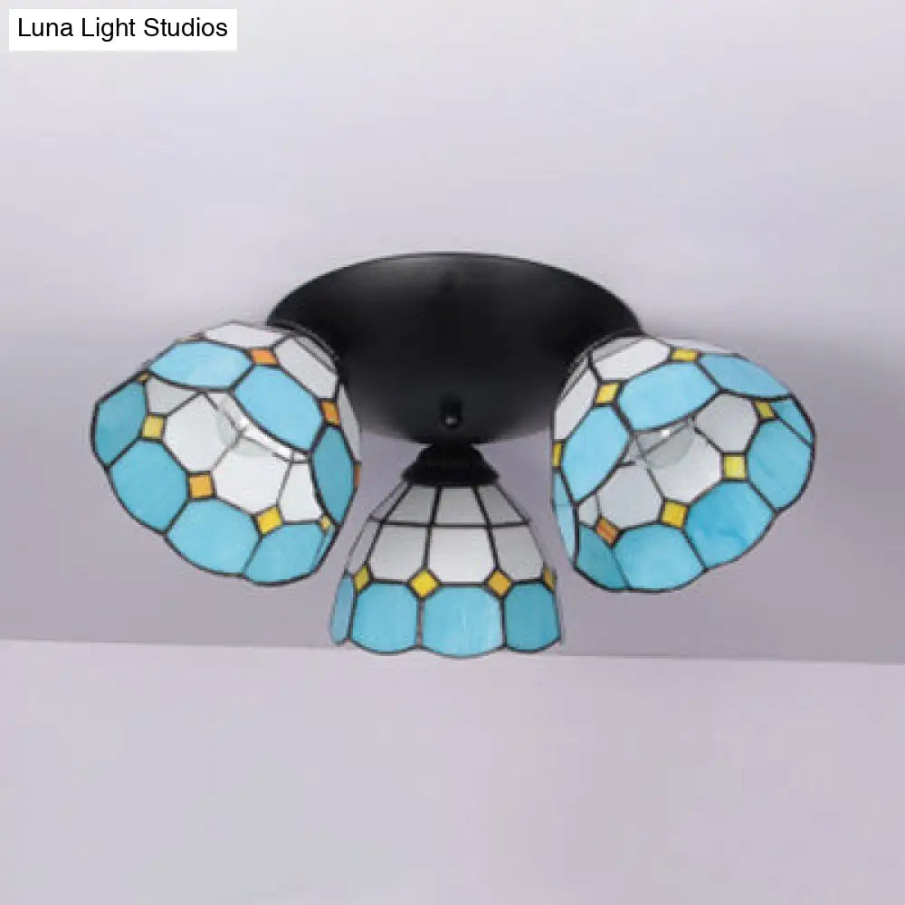 DecorBites™ DecorBites™ Dome-Shaped Stained Glass Ceiling Light with 3 Lights - Tiffany Style (Blue/Black Finish)