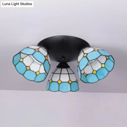 DecorBites™ DecorBites™ Dome-Shaped Stained Glass Ceiling Light with 3 Lights - Tiffany Style (Blue/Black Finish)