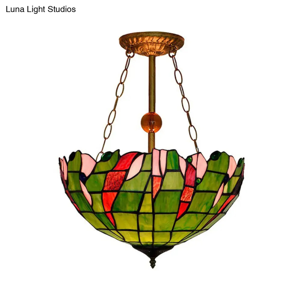 Dome-Shaped Stained Glass Semi Flush Light - Retro Style for Dining Room (16" W, 1 Light)