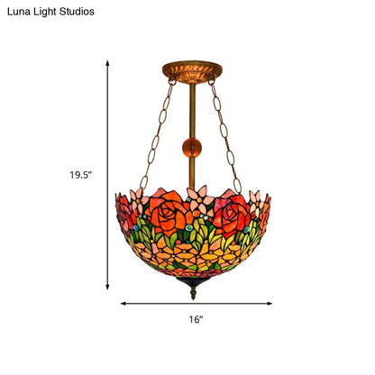 Dome-Shaped Stained Glass Semi Flush Light - Retro Style for Dining Room (16" W, 1 Light)