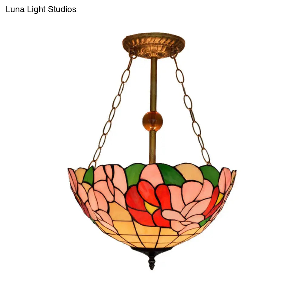 Dome-Shaped Stained Glass Semi Flush Light - Retro Style for Dining Room (16" W, 1 Light)