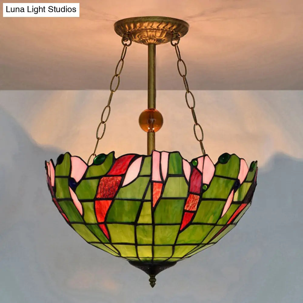 Dome-Shaped Stained Glass Semi Flush Light - Retro Style for Dining Room (16" W, 1 Light)