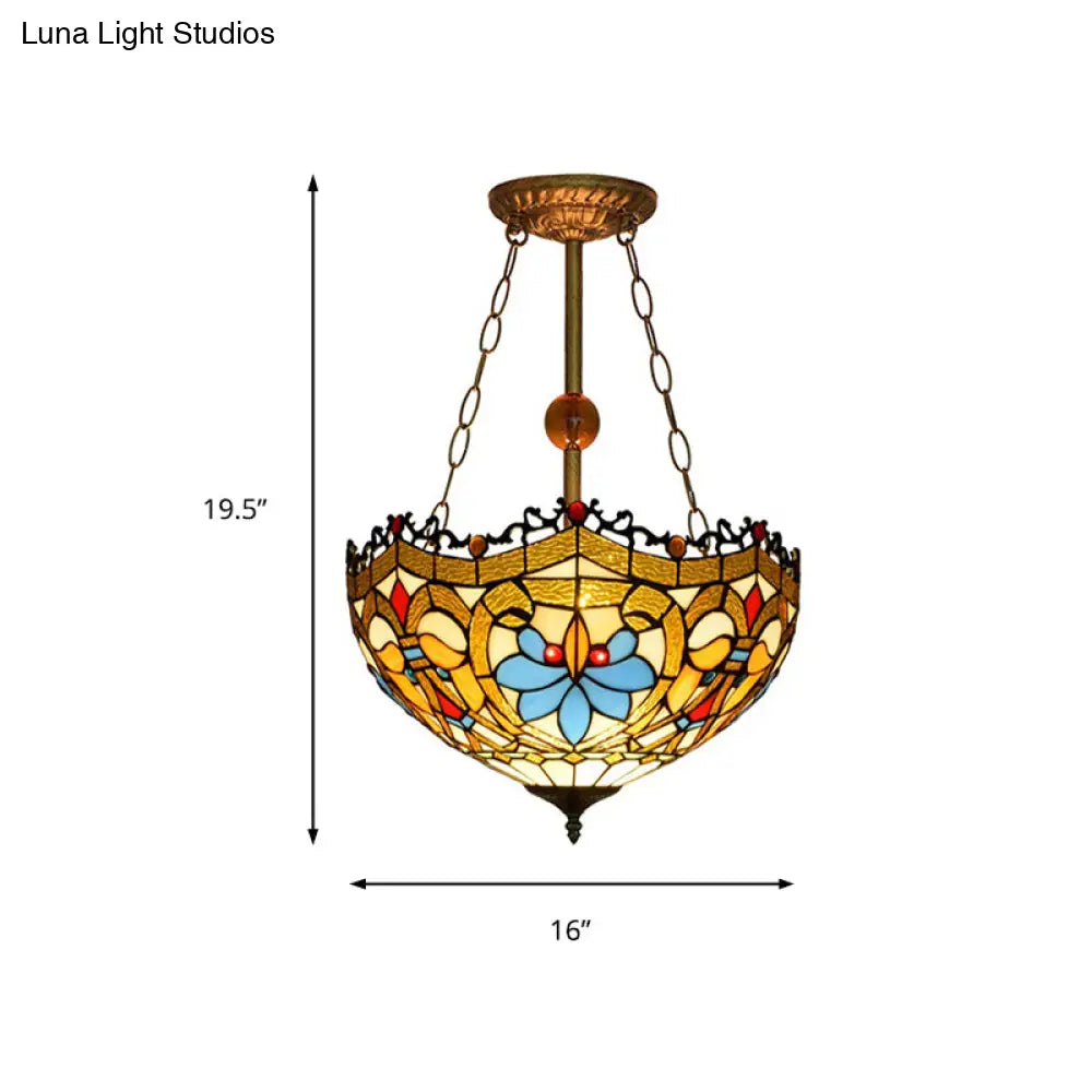 Dome-Shaped Stained Glass Semi Flush Light - Retro Style for Dining Room (16" W, 1 Light)