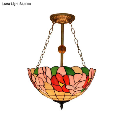 Dome-Shaped Stained Glass Semi Flush Light - Retro Style for Dining Room (16" W, 1 Light)