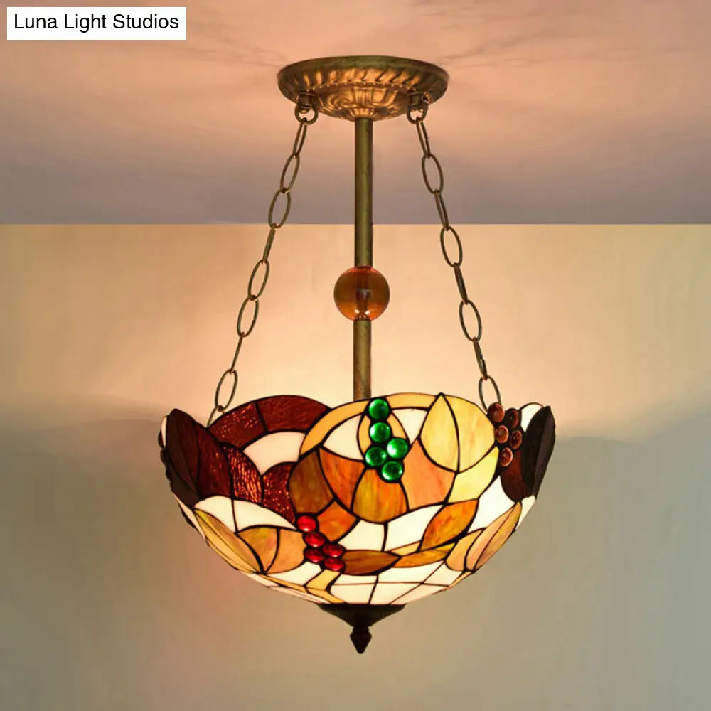 Dome-Shaped Stained Glass Semi Flush Light - Retro Style for Dining Room (16" W, 1 Light)