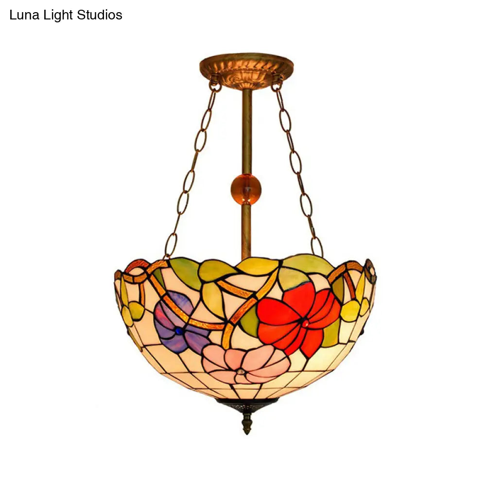 Dome-Shaped Stained Glass Semi Flush Light - Retro Style for Dining Room (16" W, 1 Light)