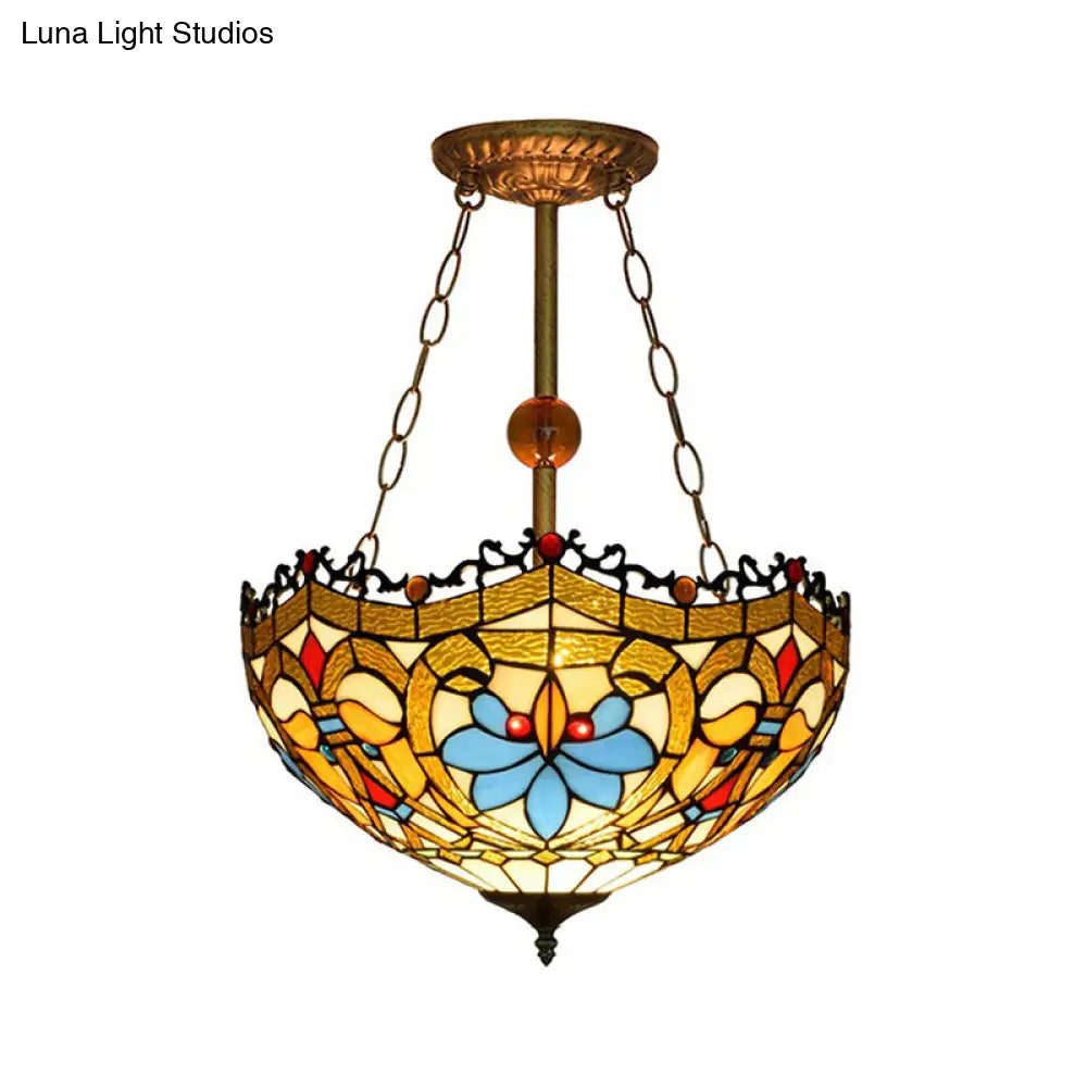 Dome-Shaped Stained Glass Semi Flush Light - Retro Style for Dining Room (16" W, 1 Light)