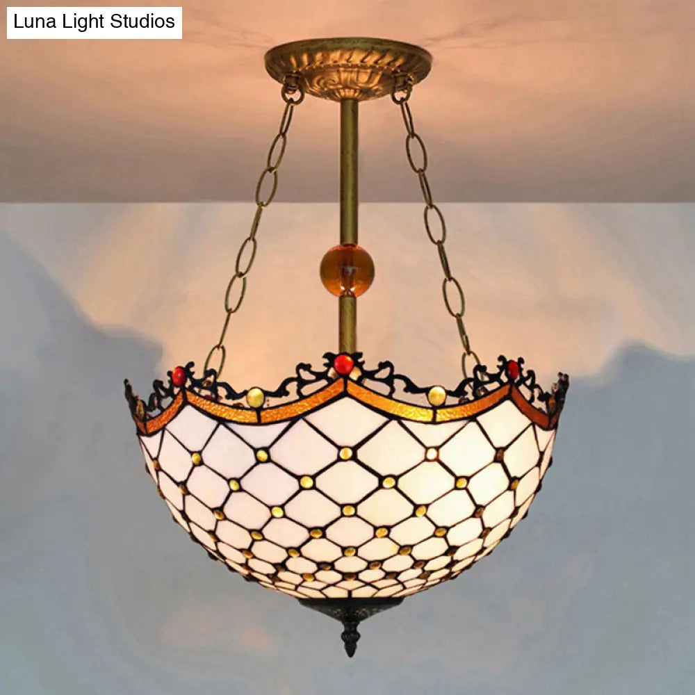 Dome-Shaped Stained Glass Semi Flush Light - Retro Style for Dining Room (16" W, 1 Light)