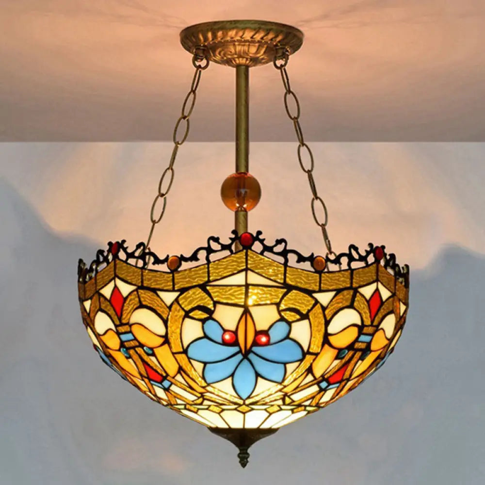 Dome-Shaped Stained Glass Semi Flush Light - Retro Style for Dining Room (16" W, 1 Light)