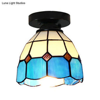 Dome Tiffany Style Stained Glass Ceiling Light with 1 Light - White/Blue/Clear for Corridor