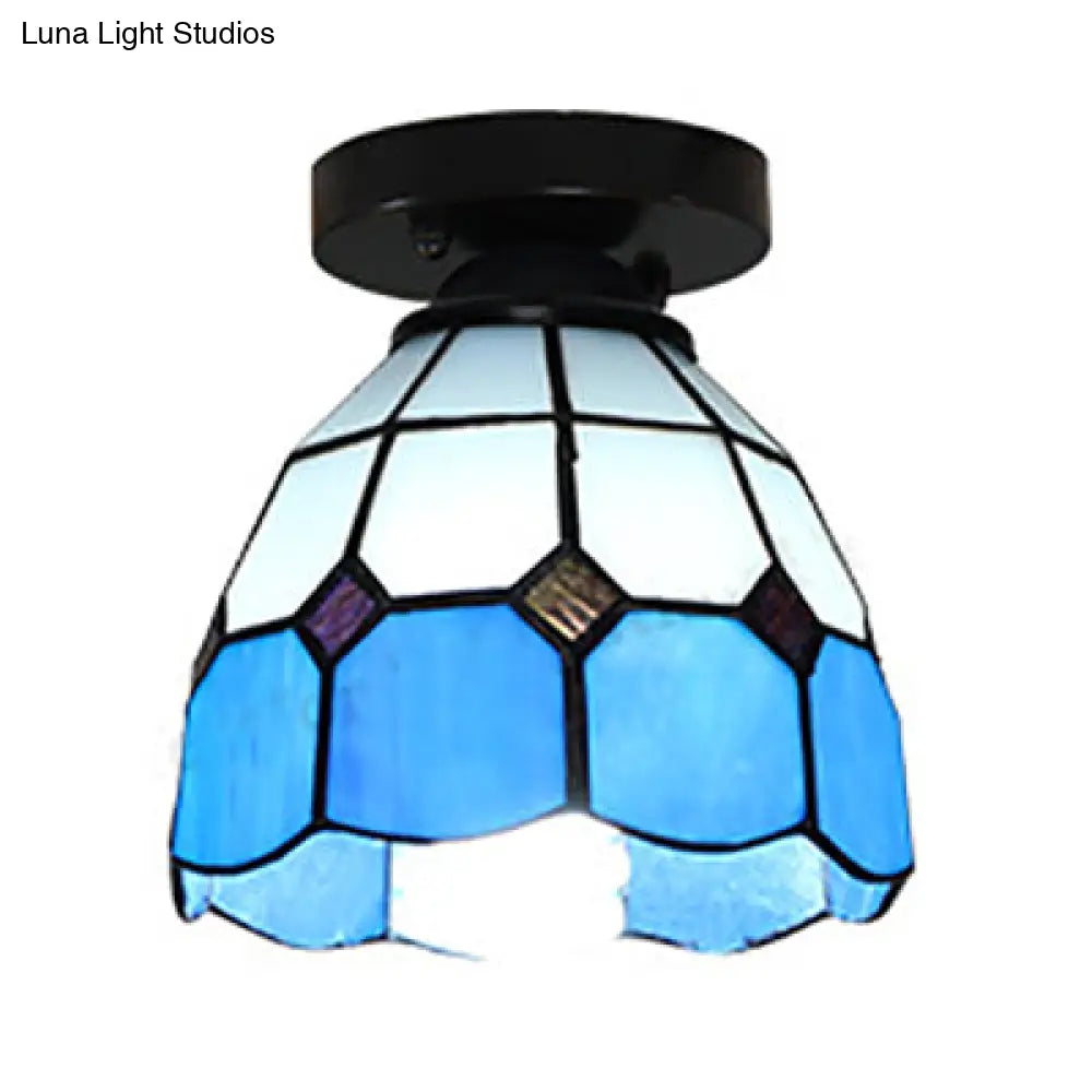 Dome Tiffany Style Stained Glass Ceiling Light with 1 Light - White/Blue/Clear for Corridor