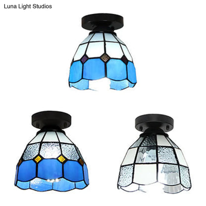 Dome Tiffany Style Stained Glass Ceiling Light with 1 Light - White/Blue/Clear for Corridor