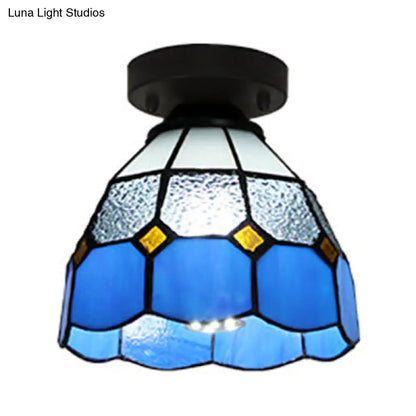 Dome Tiffany Style Stained Glass Ceiling Light with 1 Light - White/Blue/Clear for Corridor