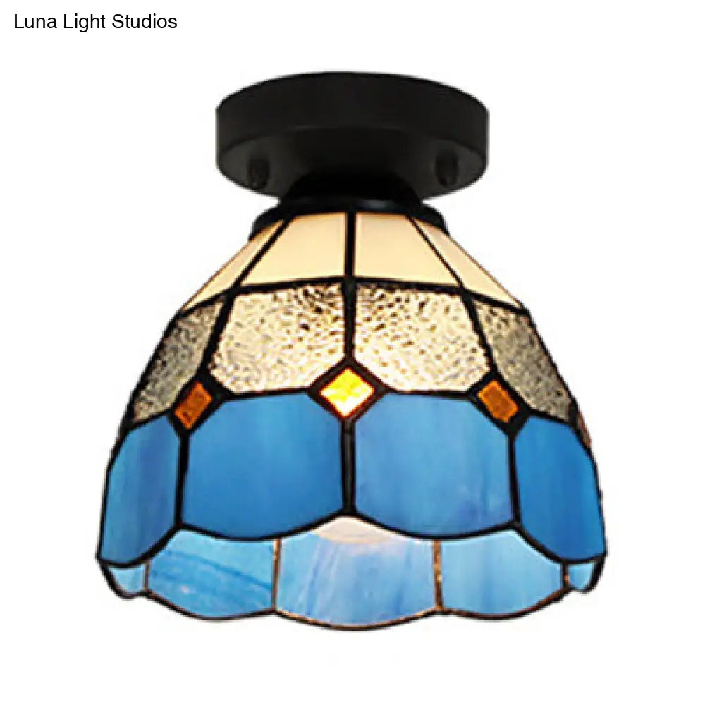 Dome Tiffany Style Stained Glass Ceiling Light with 1 Light - White/Blue/Clear for Corridor