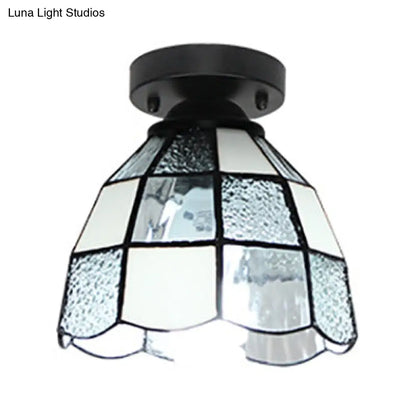 Dome Tiffany Style Stained Glass Ceiling Light with 1 Light - White/Blue/Clear for Corridor