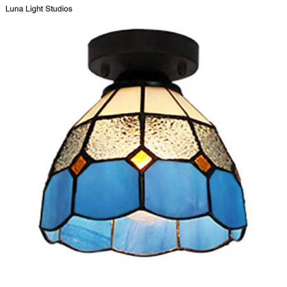 Dome Tiffany Style Stained Glass Ceiling Light with 1 Light - White/Blue/Clear for Corridor