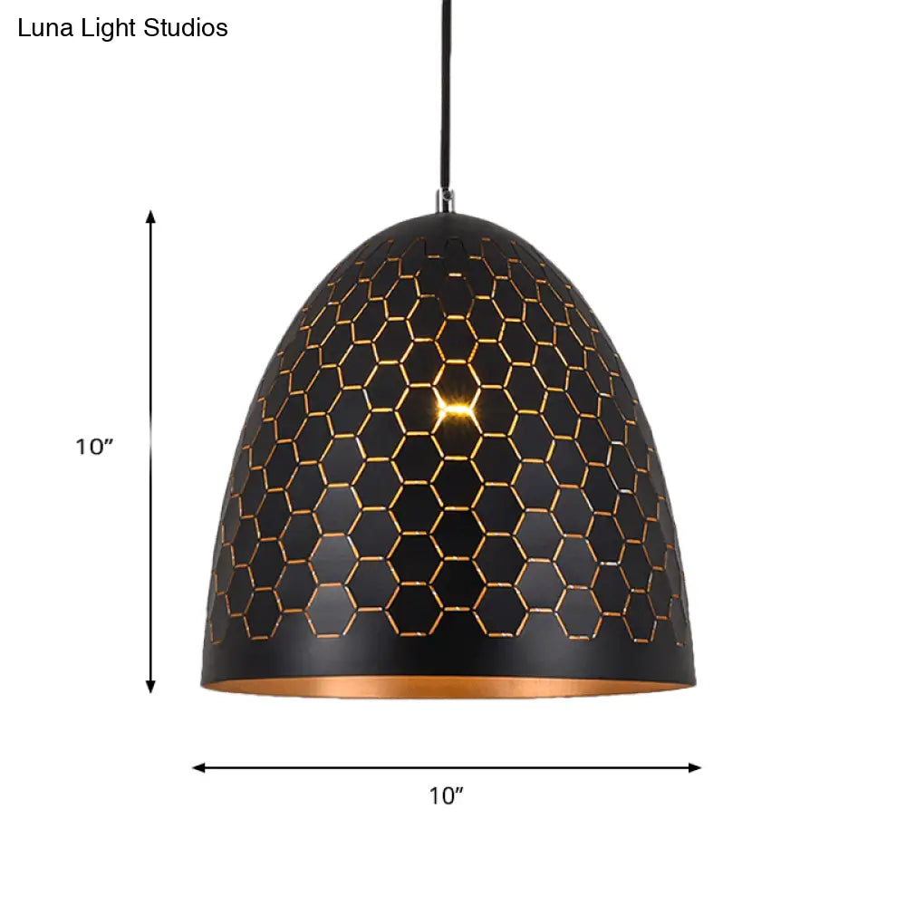 Domed Drop Pendant Light - Factory Black Metal Suspension with Honeycomb Pattern, 10"/12"/16" Wide