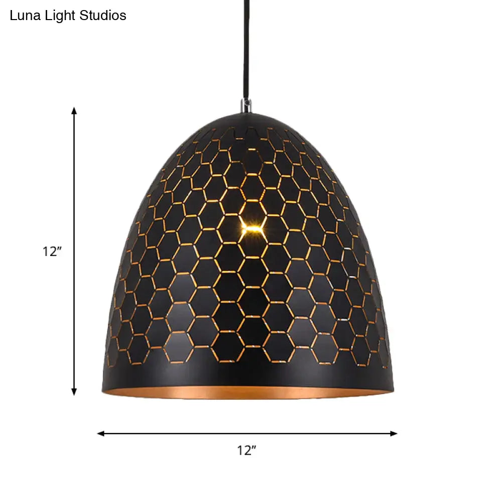 Domed Drop Pendant Light - Factory Black Metal Suspension with Honeycomb Pattern, 10"/12"/16" Wide