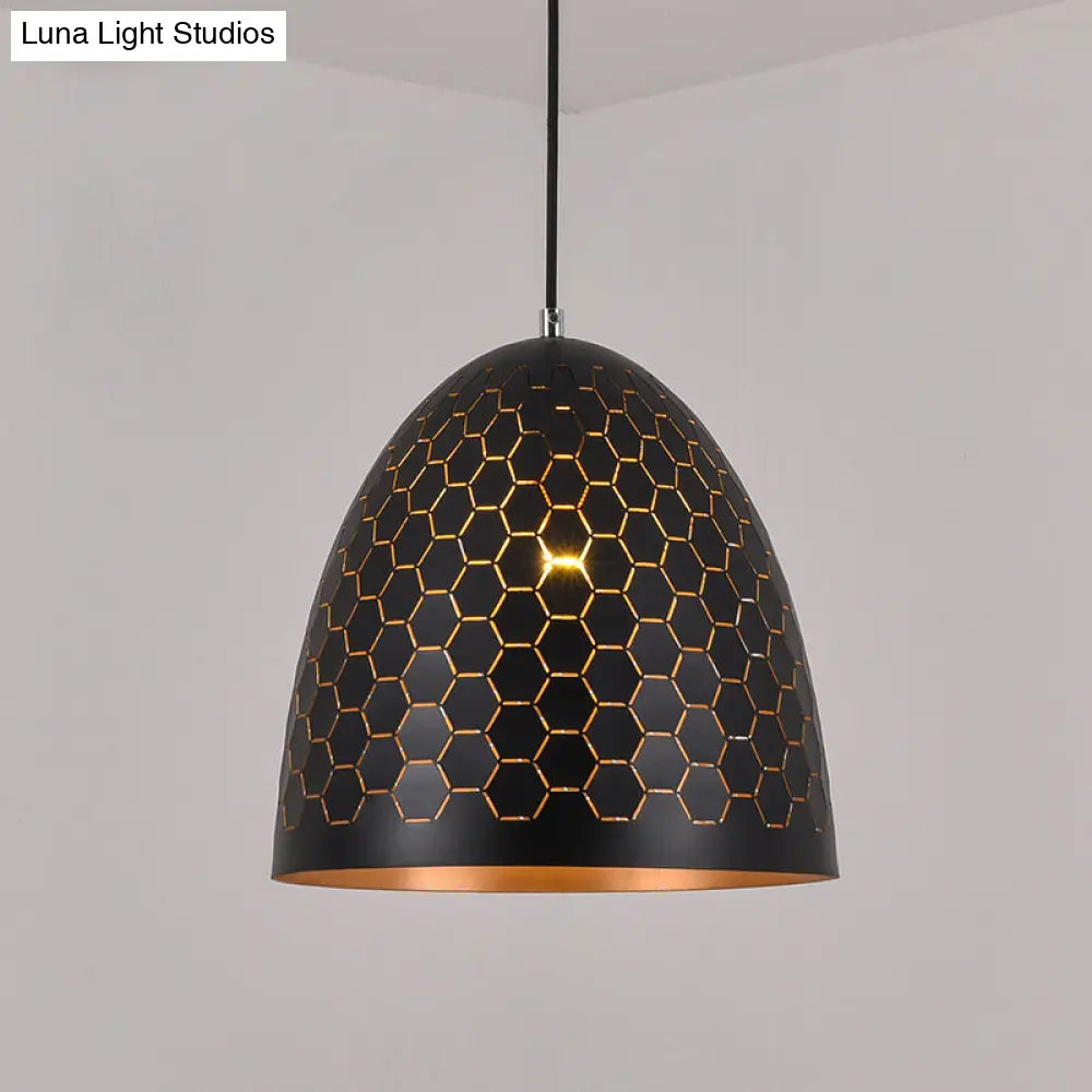 Domed Drop Pendant Light - Factory Black Metal Suspension with Honeycomb Pattern, 10"/12"/16" Wide