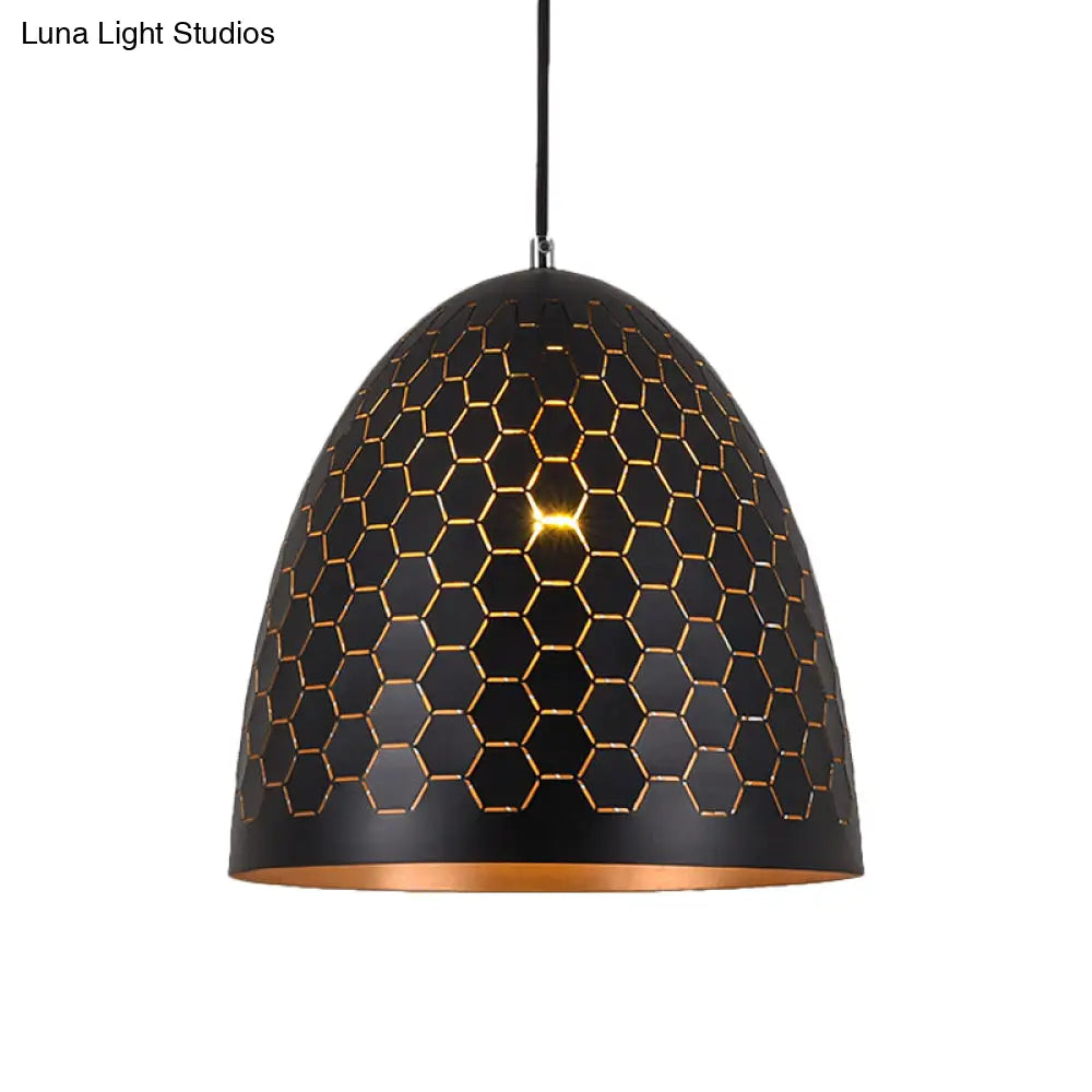 Domed Drop Pendant Light - Factory Black Metal Suspension with Honeycomb Pattern, 10"/12"/16" Wide