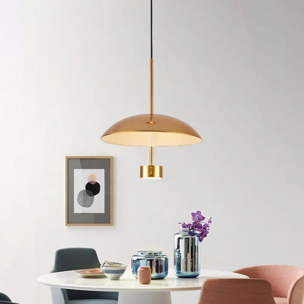 Domed Metallic LED Gold Pendant Light for Dining Room - 10"/14" Modern Suspension Lamp