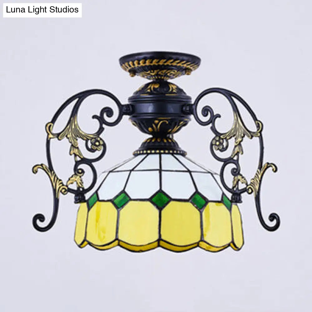 DecorBites™ DecorBites™ Domed Semi Flush Grid Stained Glass Ceiling Light - Black/White