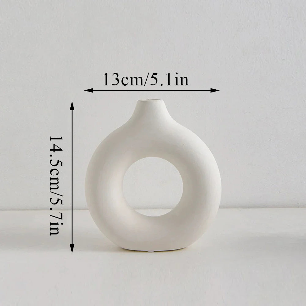 Donut Shape Flower Vase - White Minimalist - 14.5x13cm White - Vase