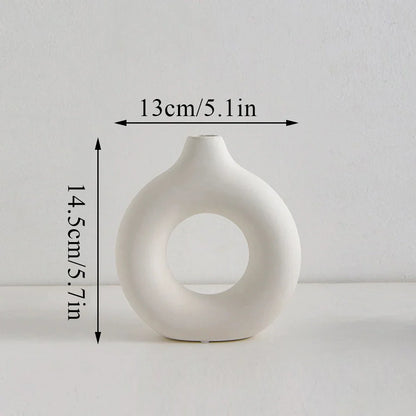 Donut Shape Flower Vase - White Minimalist - 14.5x13cm White - Vase