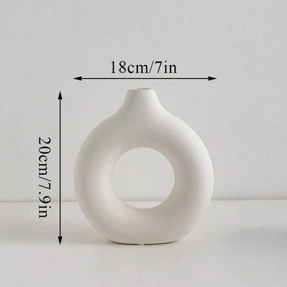 Donut Shape Flower Vase - White Minimalist - 20x18cm White - Vase