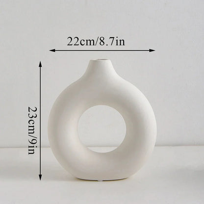 Donut Shape Flower Vase - White Minimalist - 23x22cm White - Vase