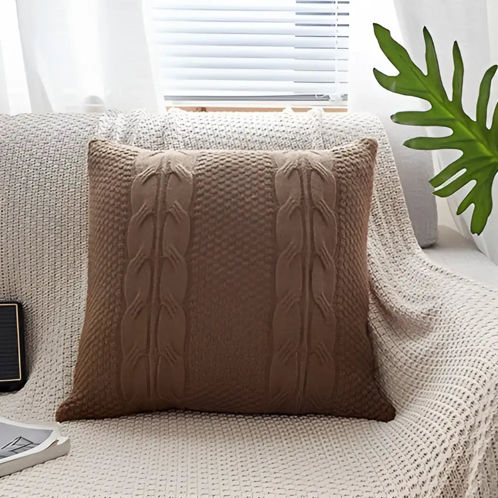 Brown double cable knit cushion cover set featuring a cable knit cushion design for living room decor