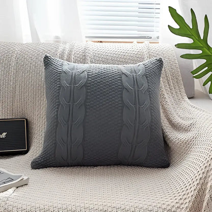 Gray knitted throw pillow with double cable knit pattern in cushion cover for living room decor use