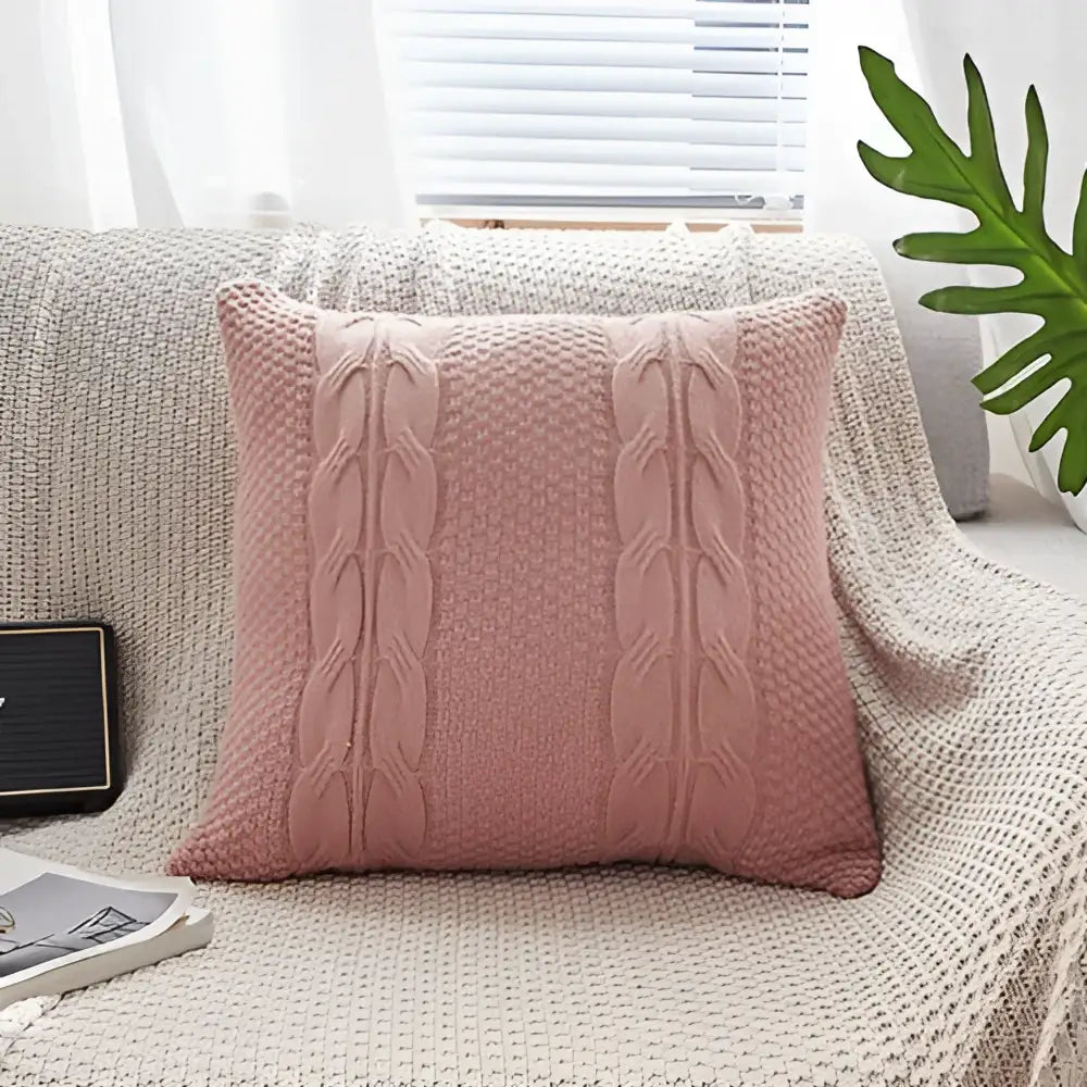 Pink knitted cable knit cushion cover with double cable knit pattern for living room throw pillow