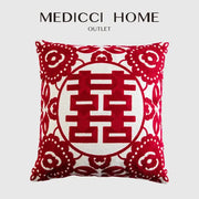 Red velvet lumbar pillow with double happiness embroidered red symbol and intricate floral patterns for bedroom decor