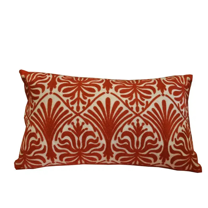 Rectangular double happiness embroidered lumbar pillow with bold red and cream ikat floral pattern for bedroom decor